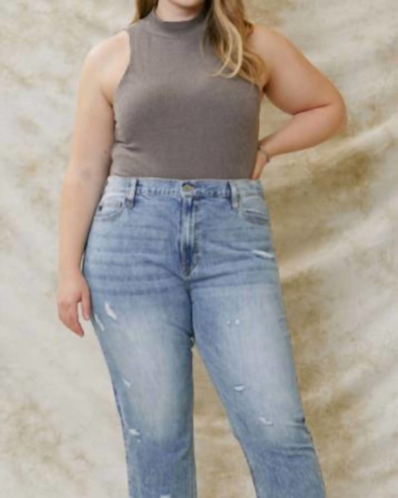 Front of a model wearing a size 20W High Rise Straight Jeans In Blue in Blue by KanCan. | dia_product_style_image_id:354385